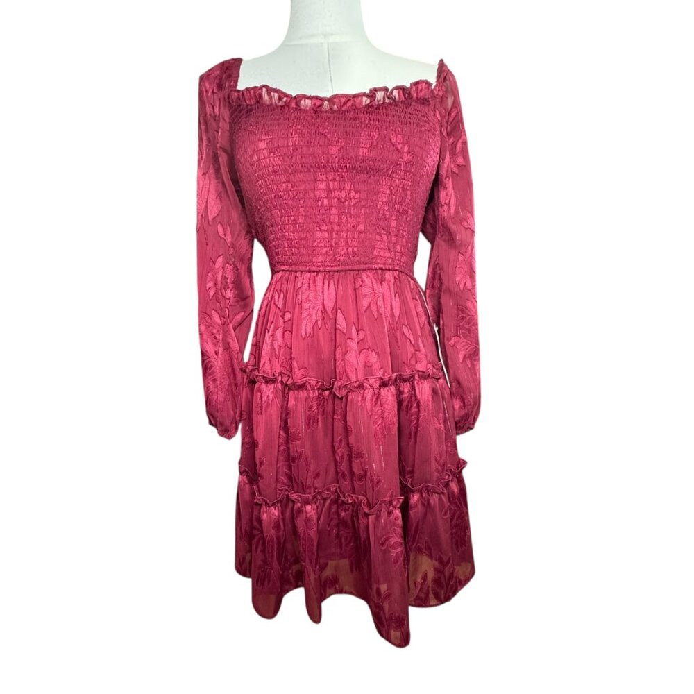 B. Darlin Burgundy Smocked Lace Dress Juniors 3/4  Long Sleeve Tiered Ruffle NWT